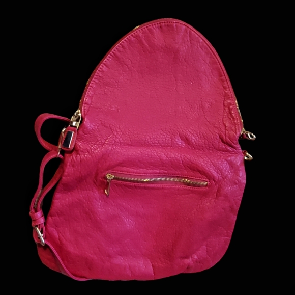 Hot Pink Leather bag.Fold over top zip. 10x13" size. - Picture 3 of 8